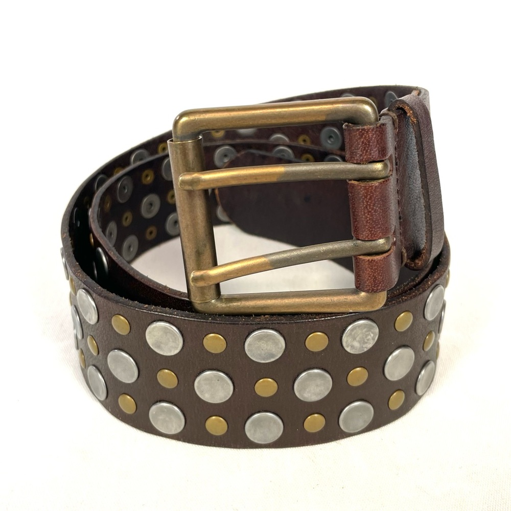 Y2K Studded Leather Belt Brown Wide 2" Punk Grunge Silver Brass Rivets